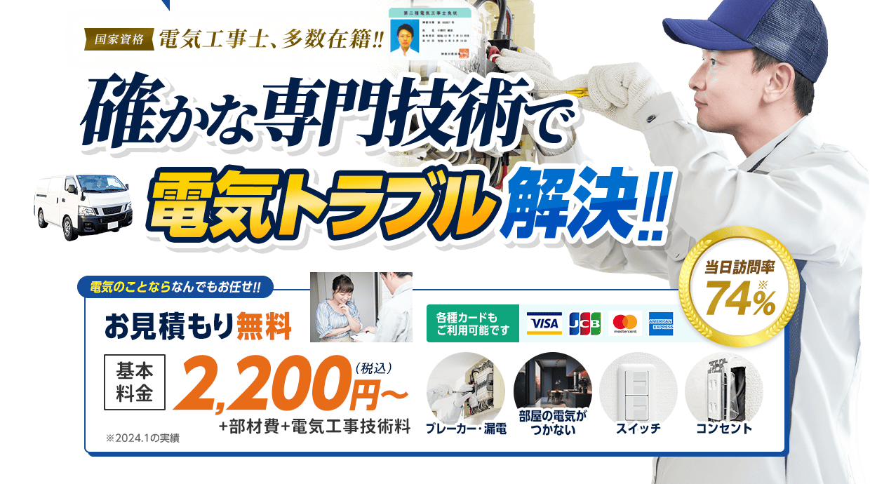 国家資格電気工事士多数在籍。確かな専門技術で電気トラブル解決。お見積もりは無料です。ブレーカー・漏電、容量変更・増設工事、新規引き込み、換気扇など、電気のことならなんでもご相談ください。全国各地で受付対応しています。作業料金2,200円から。お見積もりは無料です。当日訪問率74%